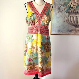 Nicole Miller Pastel Floral Paisley 100% Silk Double V-Neck Sheath Dress 10 New